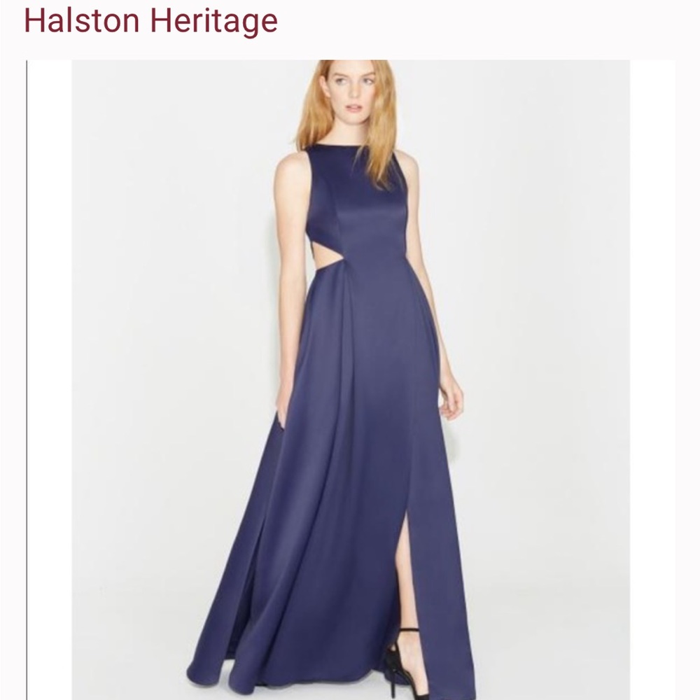 Halston Heritage satin faille gown with cut outs. Navy. Size 4. Worn once.